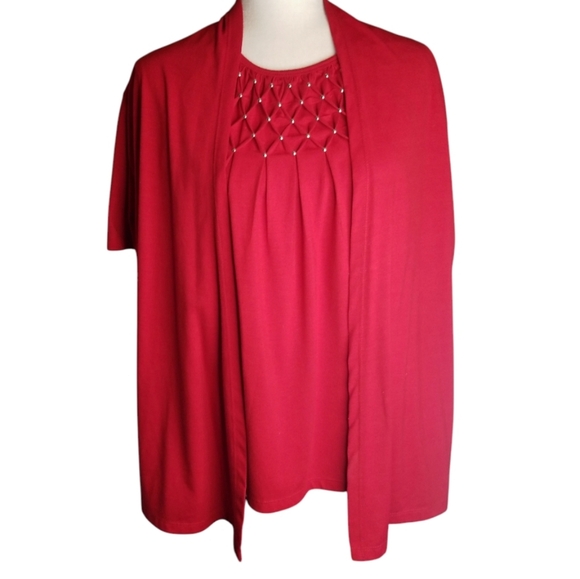 Sag Harbor Embellished Cami-Look Red Blouse Attached to Short Sleeve Jacket - Picture 7 of 7